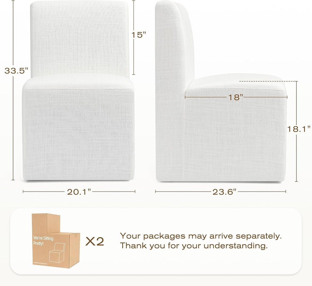 Upholstered Dining Chairs with Casters Set of 2 - Rolling Dining Chairs for Home Desk, Lounge or Living Room, Silent Wheel, No-Assembly, White