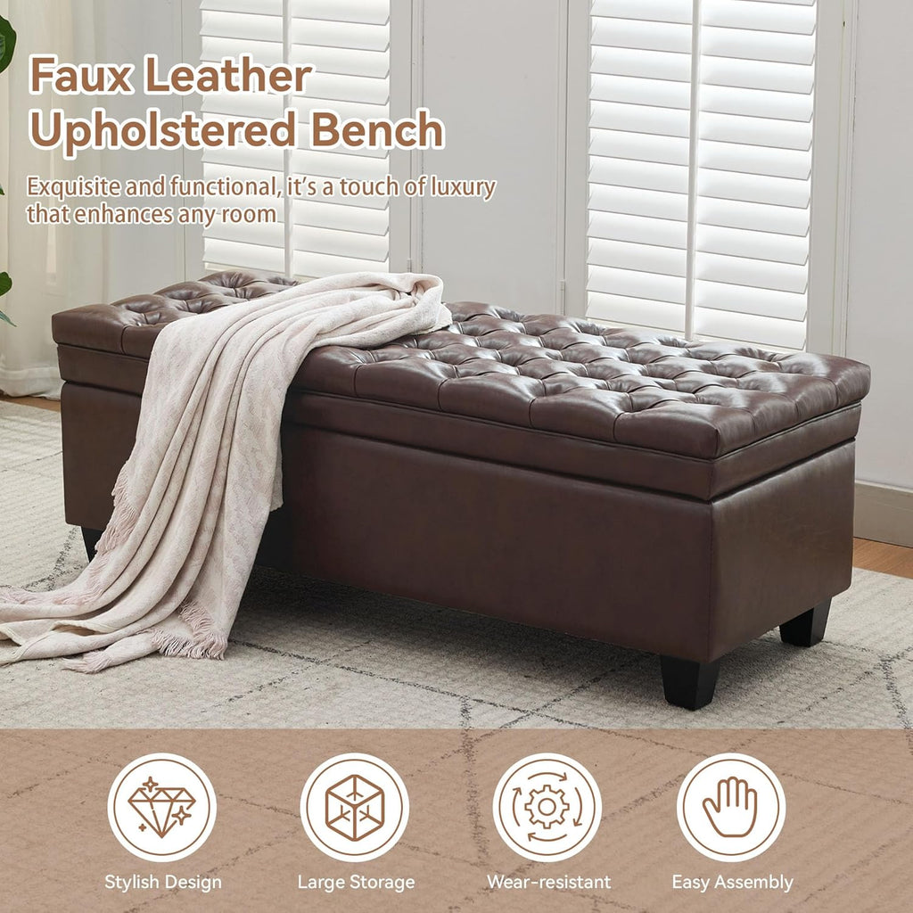 WUTUTUEE 50" Faux Leather Storage Ottoman Bench, Upholstered Rectangle Storage Ottoman End of Bed Tufted Living Room Bedroom Bench with Safety Hinge, Solid Wood Legs, Loads 500 lb(Dark Rrown)