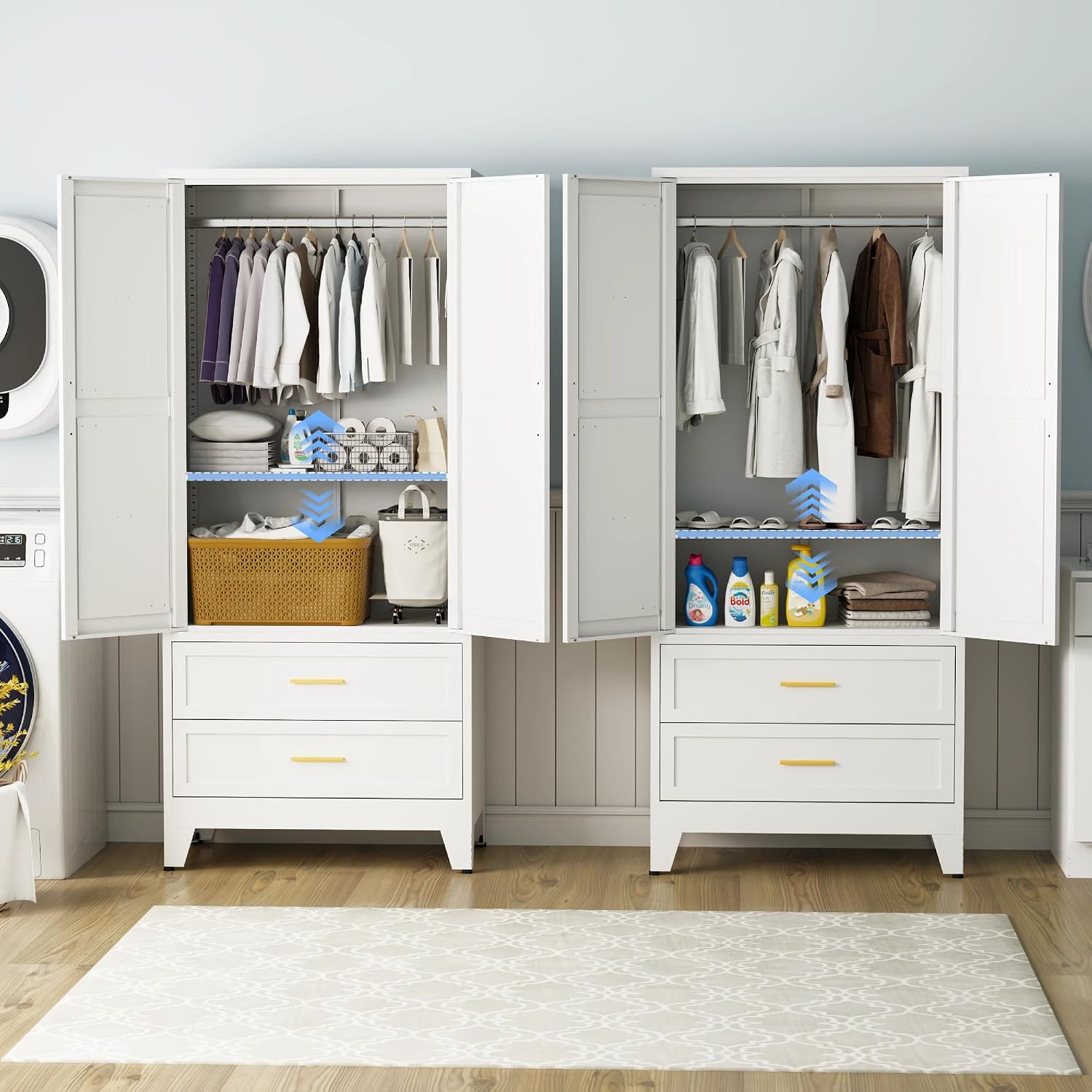 71 "H Armoire Wardrobe Closet with 2 Drawers and Adjustable Shelves | Metal Wardrobe Closet with Doors, Wardrobe Cabinet with Hanging Rod, Closets for Bedroom, Laundry Room, White