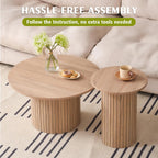 Round Nesting Coffee Table Set of 2, Modern Fluted Wood Side Tables for Small Spaces, Living Room, Bedroom, Balcony, or Office(Natural)