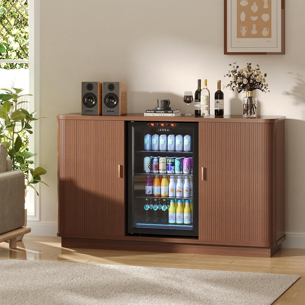 Coffee Bar Cabinet with Fridge Space, Liquor Wine Bar Cabinets with Wine Rack and Glass Holder, Mini Fridge Cabinet with Storage, Fluted Buffet Sideboard for Living Room, Home, Kitchen