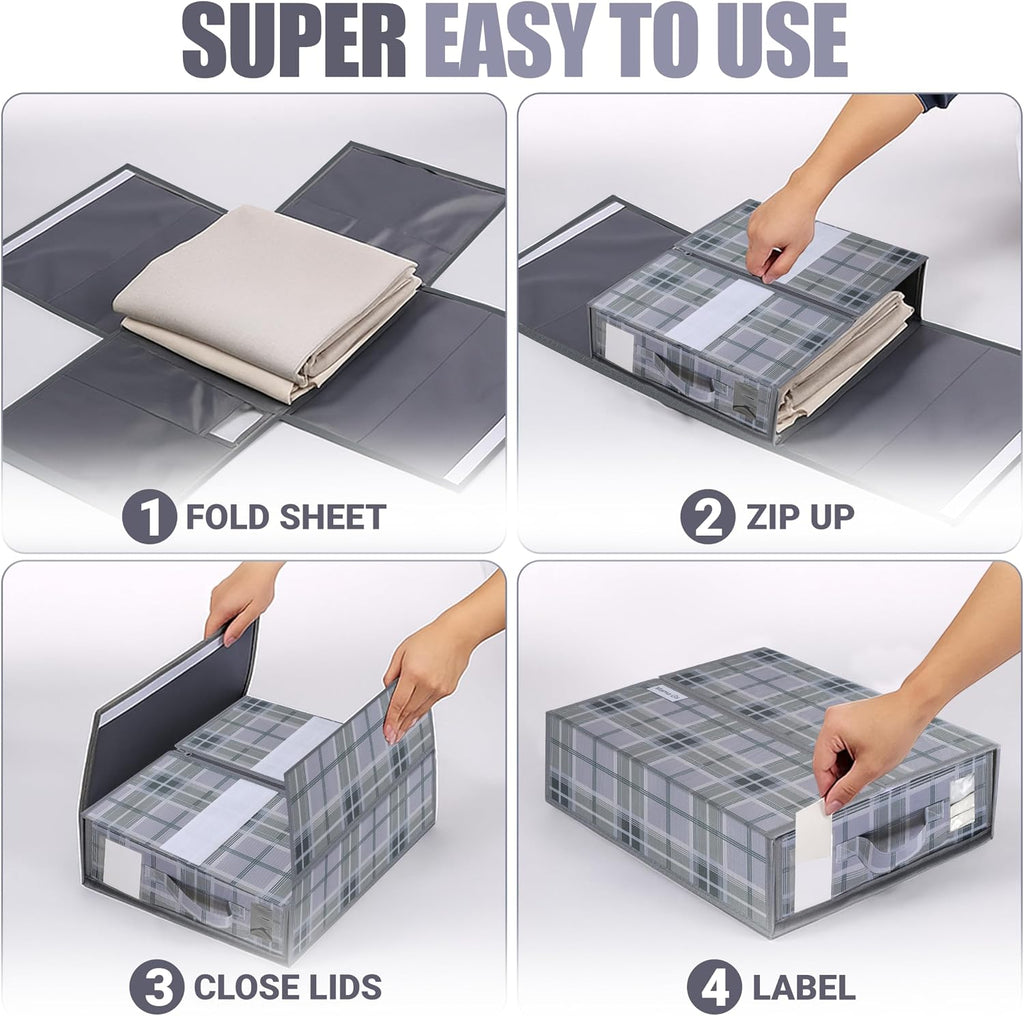 4 Pack Bed Sheet Organizer and Storage with Zipper – Linen Closet Organizers for Full, King, Queen & Twin Sheet Sets, Bedding Storage for Blankets and Duvet Covers, Grey