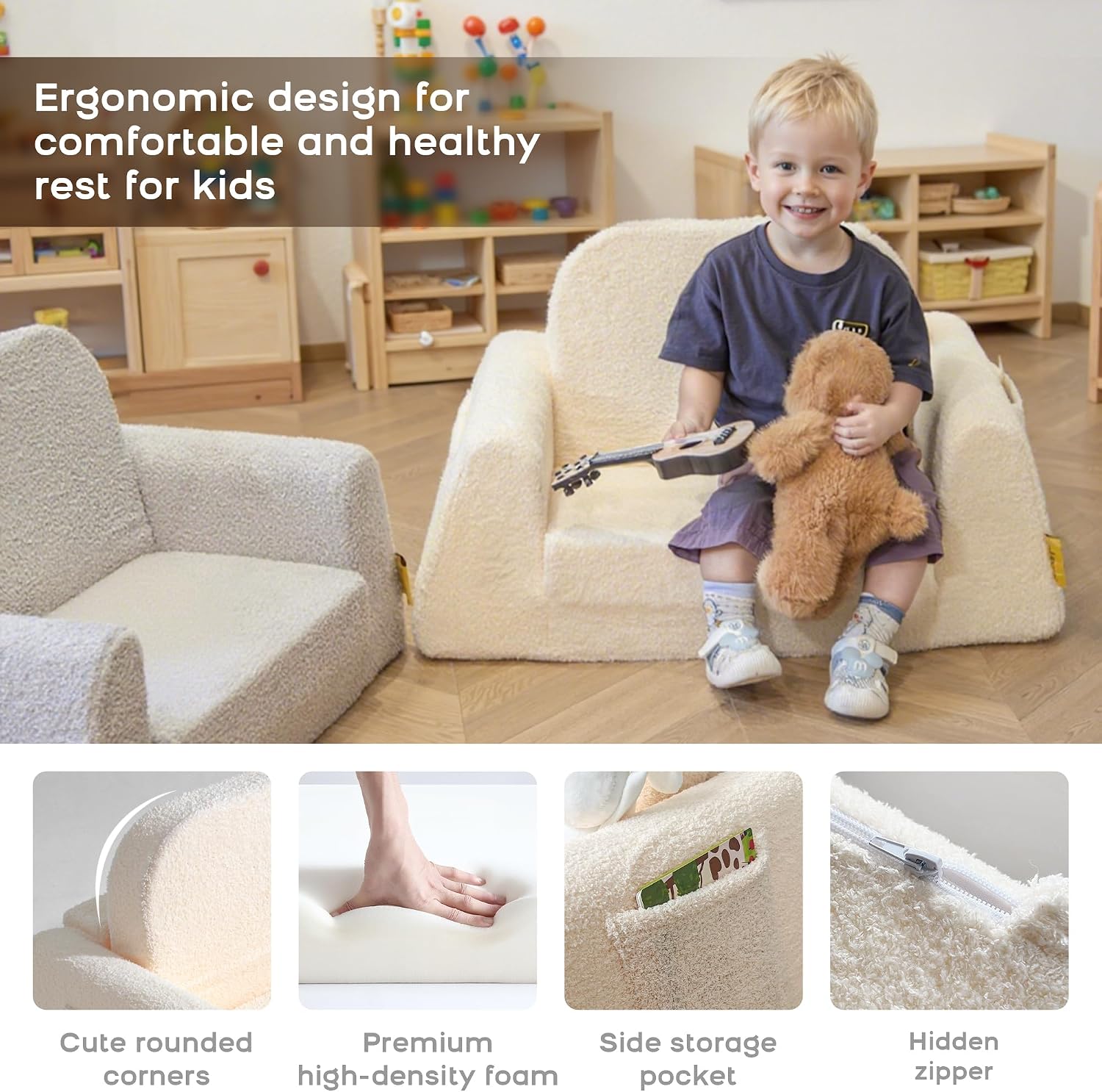 BanaSuper Wide Kids Sofa, Convertible Foam Couch for Children 3-8, Cream | Fold-Out Children Chair, Extra Wide Base for Stability, Sherpa Kids Reading Chair, Comfy Sofa Chair for Children Age 3+