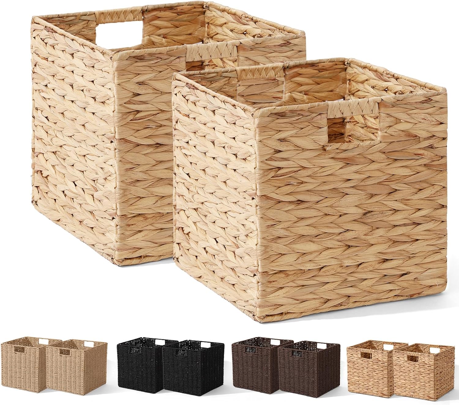 Water Hyacinth Storage Basket, Set of 2 Hand-Woven Wicker Baskets, Foldable Cube Storage Bins, Wicker Cube Laundry Organizer, Square Baskets for Organizing Shelves Decor, 12x12x12in