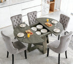 5 Piece Round Extendable Dining Table Set for 4, 43"-59" Grey Wood Oval Expanding Kitchen Table with 4 Velvet Tufted Chairs, Space Saving Extendable Dining Room Tables with Storage Shelf