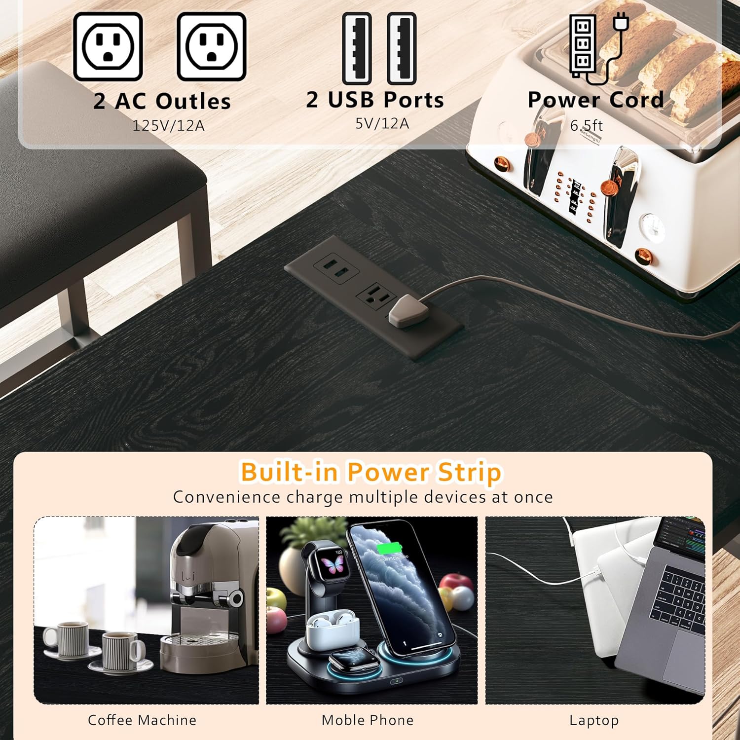 HUAHUU Bar Table and Chairs Set for 2-4, 63'' Convertible L-Shaped Kitchen Table with Power Outlets, 3 Piece Counter Height Small Dining Table with 2 Stools, Space Saving, Breakfast Nook Corner, Black