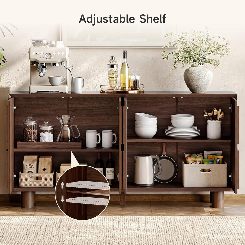 ONBRILL 63 Inch Fluted Buffet Cabinet with Storage, Modern Arched Sideboard with Push-Spring Doors, Adjustable Shelf, Wood Coffee Bar Cabinet Credenza for Kitchen, Living Room, Walnut