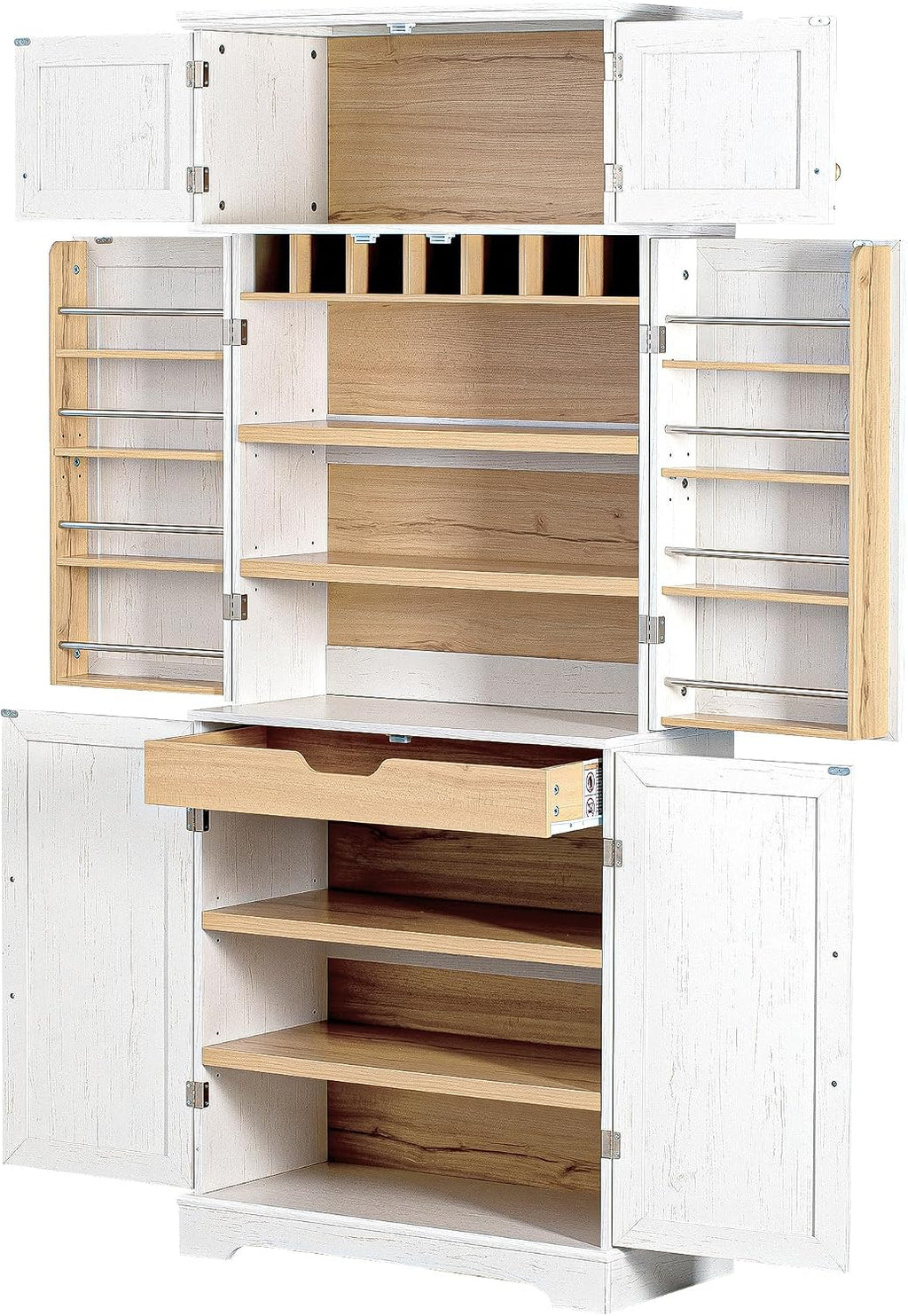 78.2" Tall Farmhouse Kitchen Pantry Cabinet, Storage Cabinet with 8 Door Shelves & 4 Adjustable Shelves, Hidden Drawer and Wine Rack for Kitchen, Dining Room, Bathroom, Retro White