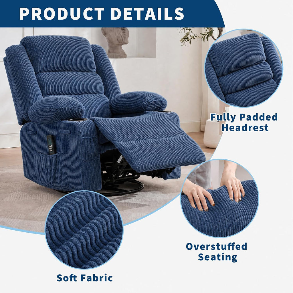 Rocking Recliner Chair for Adults Wide 360° Swivel Rocker Recliner with Cup Holder Nursery Glider with Upholstered Deep Seat Corduroy Comfy Single Sofa for Living Room Blue