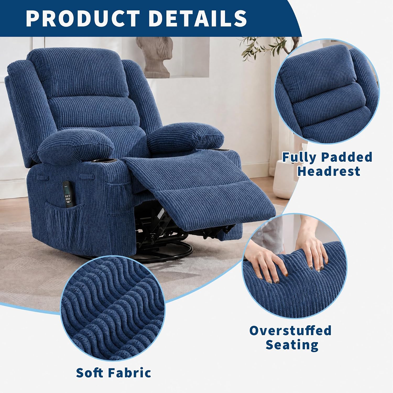 Rocking Recliner Chair for Adults Wide 360° Swivel Rocker Recliner with Cup Holder Nursery Glider with Upholstered Deep Seat Corduroy Comfy Single Sofa for Living Room Blue