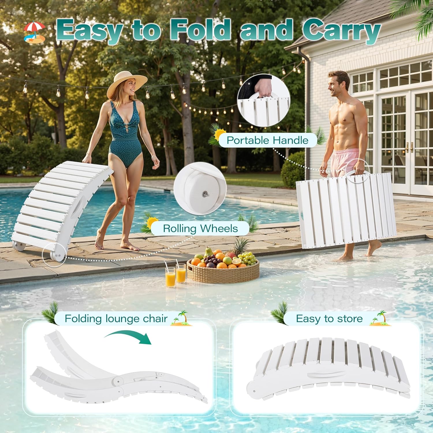 nalone Foldable Pool Lounge Chair, HDPE in Pool Chaise Lounge (2, White) | With Wheels and Pillow, No Installation Required, Large Size, For Pool Beach Patio, Folding Tanning Chairs
