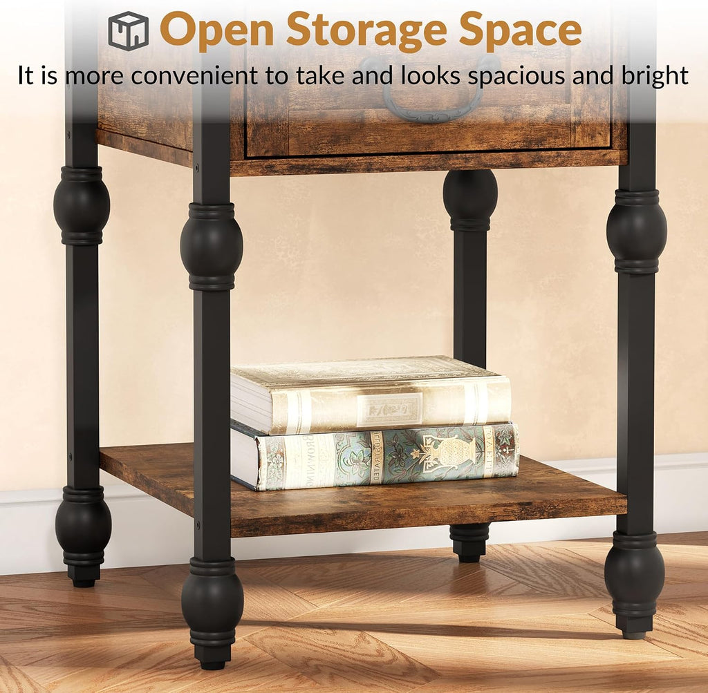 Roman Column End Table with Drawer, Vintage Industrial Side Table Nightstand, Retro Brown Single Drawer & Open Shelf Accent Table for Living Room, Bedroom, Office - Sturdy Metal & MDF Construction