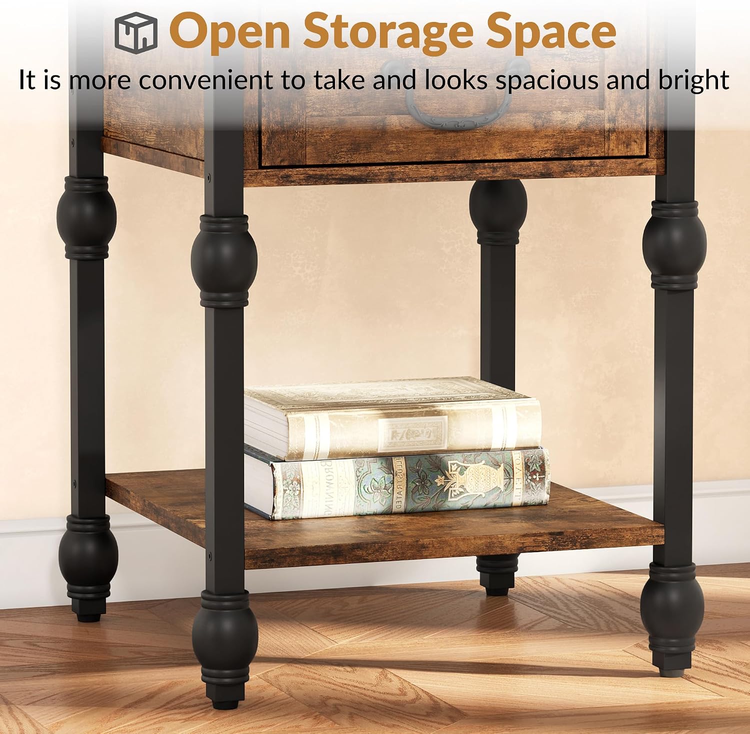 Roman Column End Table with Drawer, Vintage Industrial Side Table Nightstand, Retro Brown Single Drawer & Open Shelf Accent Table for Living Room, Bedroom, Office - Sturdy Metal & MDF Construction
