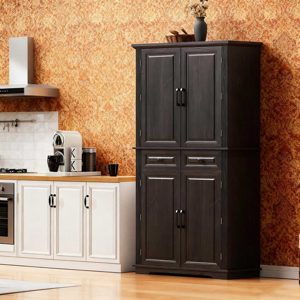 71.2" Tall Kitchen Pantry Cabinet, Farmhouse Wood Pantry with 4 Doors and 2 Drawers Freestanding Cupboard Storage Organizers for Home Kitchen Dining Room, Black
