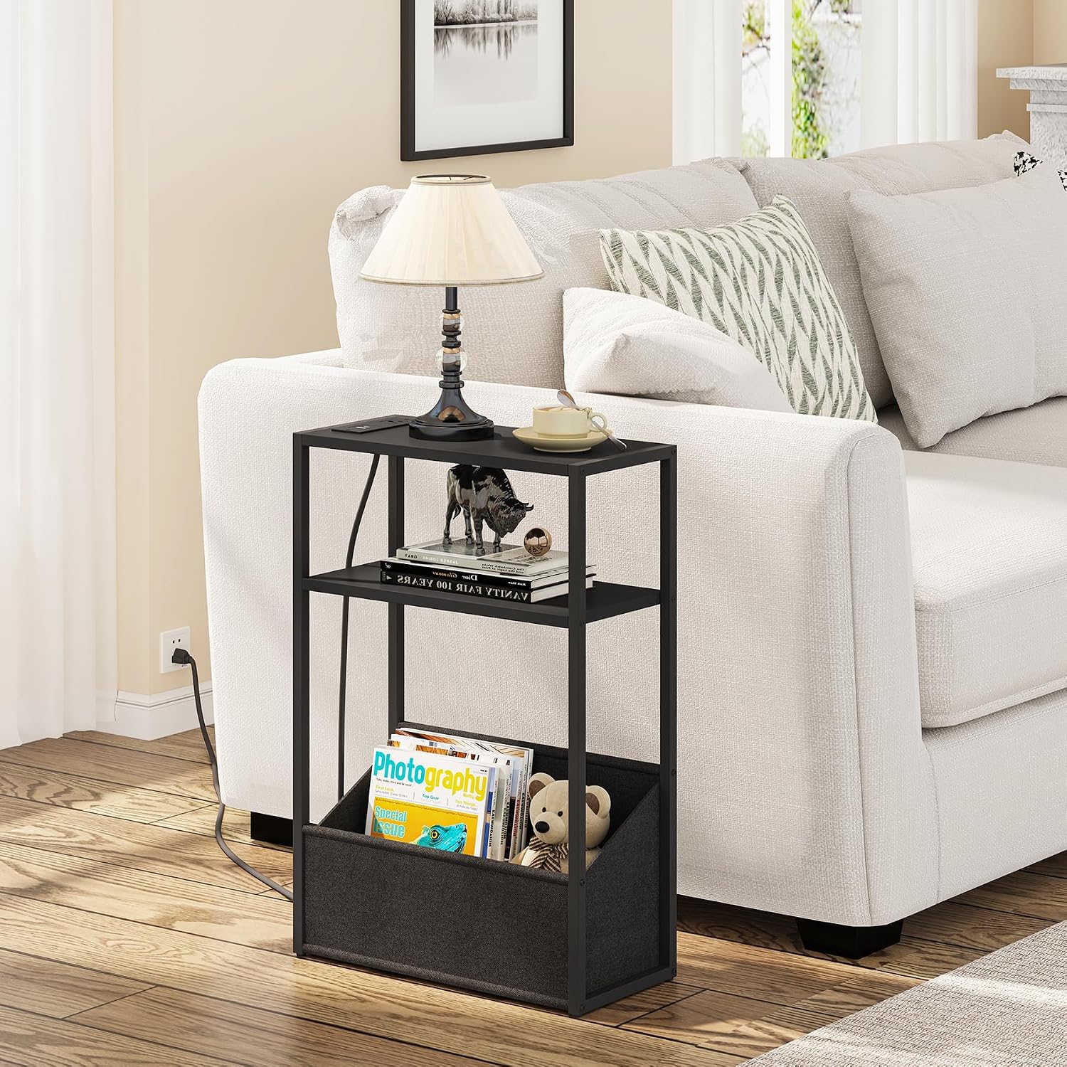 TUTOTAK Keep Phones Charged & Books Organized with Slim 3-Tier Side Table with Charging Station for Living Room Bedroom TB01BK095