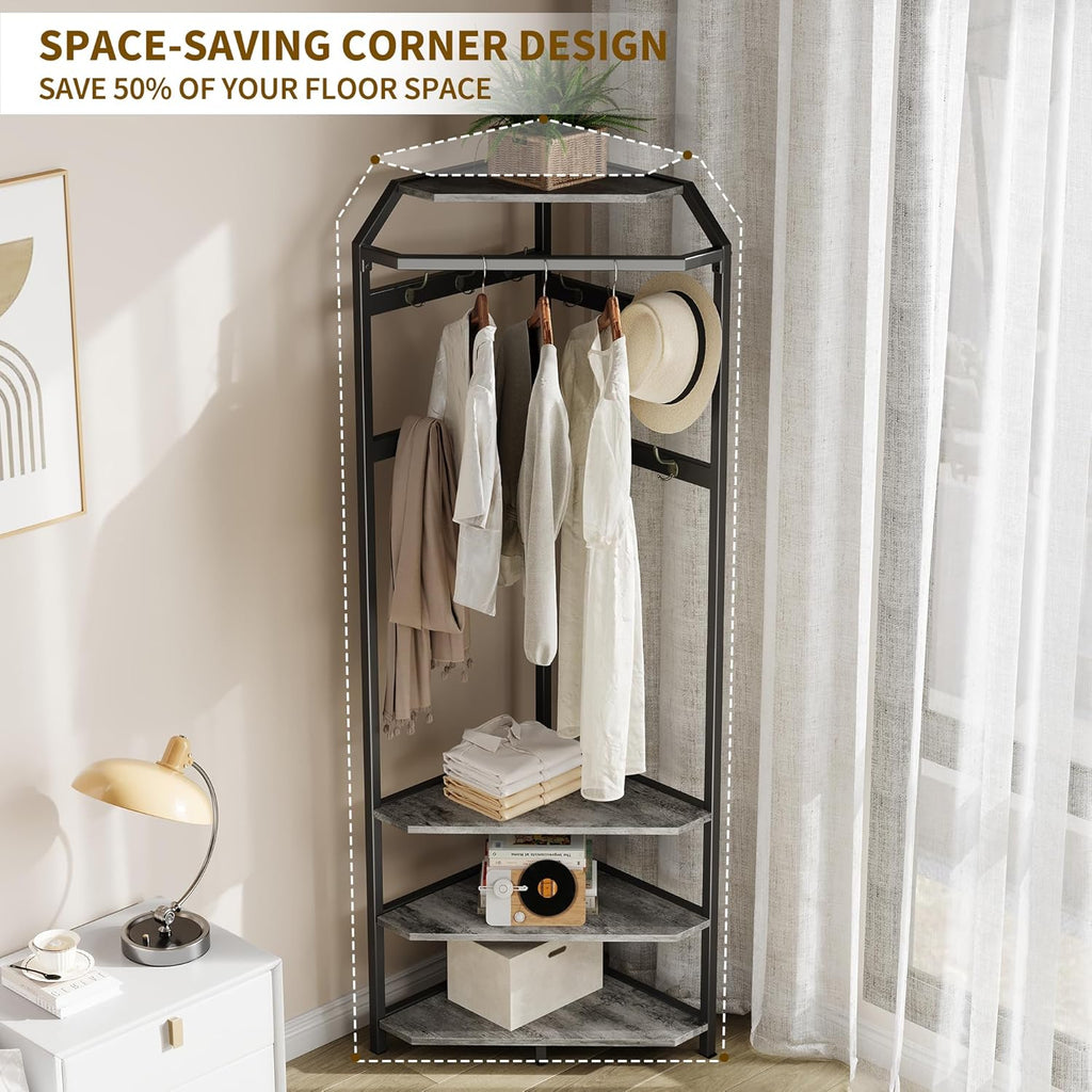 IDEALHOUSE Corner Coat Rack with Shoe Bench Entryway and 12 Double Hooks, Corner Hall Tree - Corner Clothes Rack with Storage Corner Tree with Organizer Shoe Bench Shelf for Entryway, Hallway, Closet