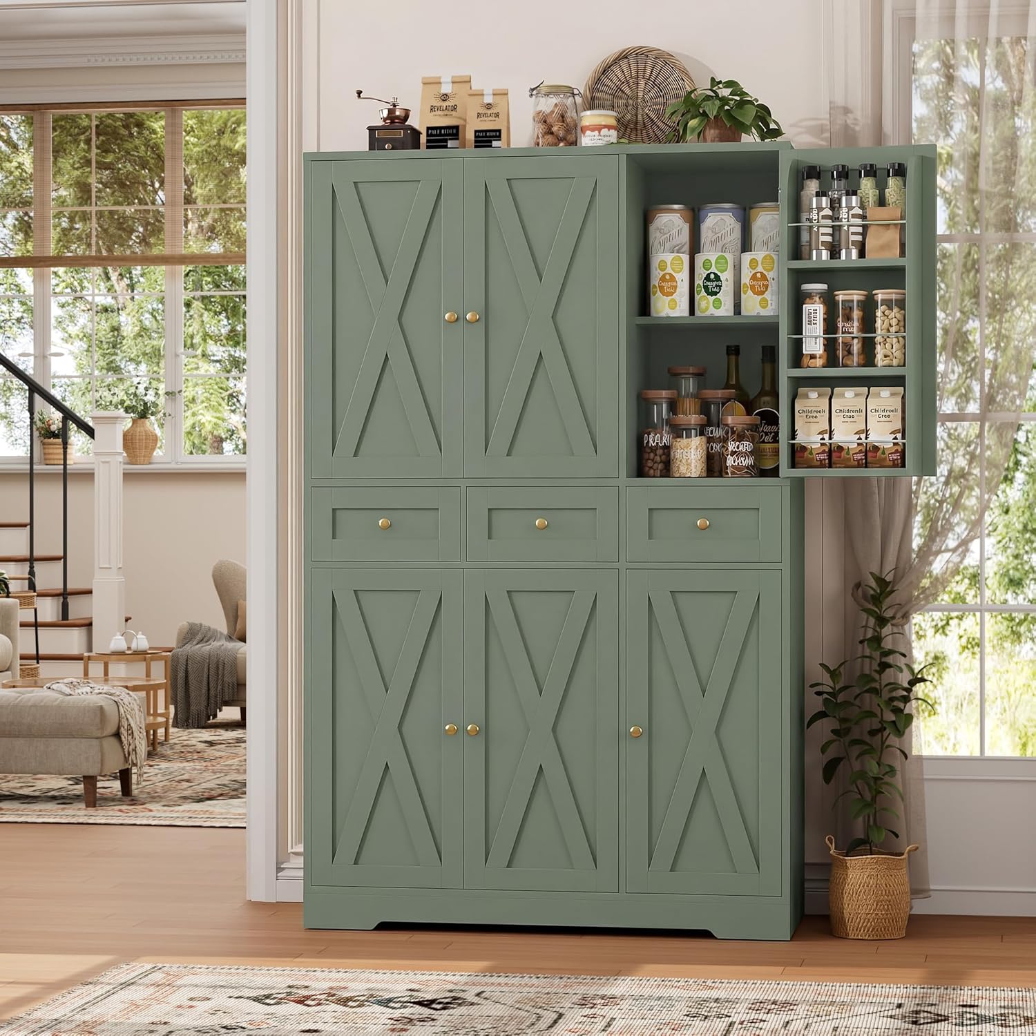 HOSTACK Modern Farmhouse Kitchen Pantry Storage Cabinet, 67" H Kitchen Pantry Cabinet with Barn Doors and Shelves, Freestanding Food Storage Cabinets with Drawers for Dining Room, Living Room, Green
