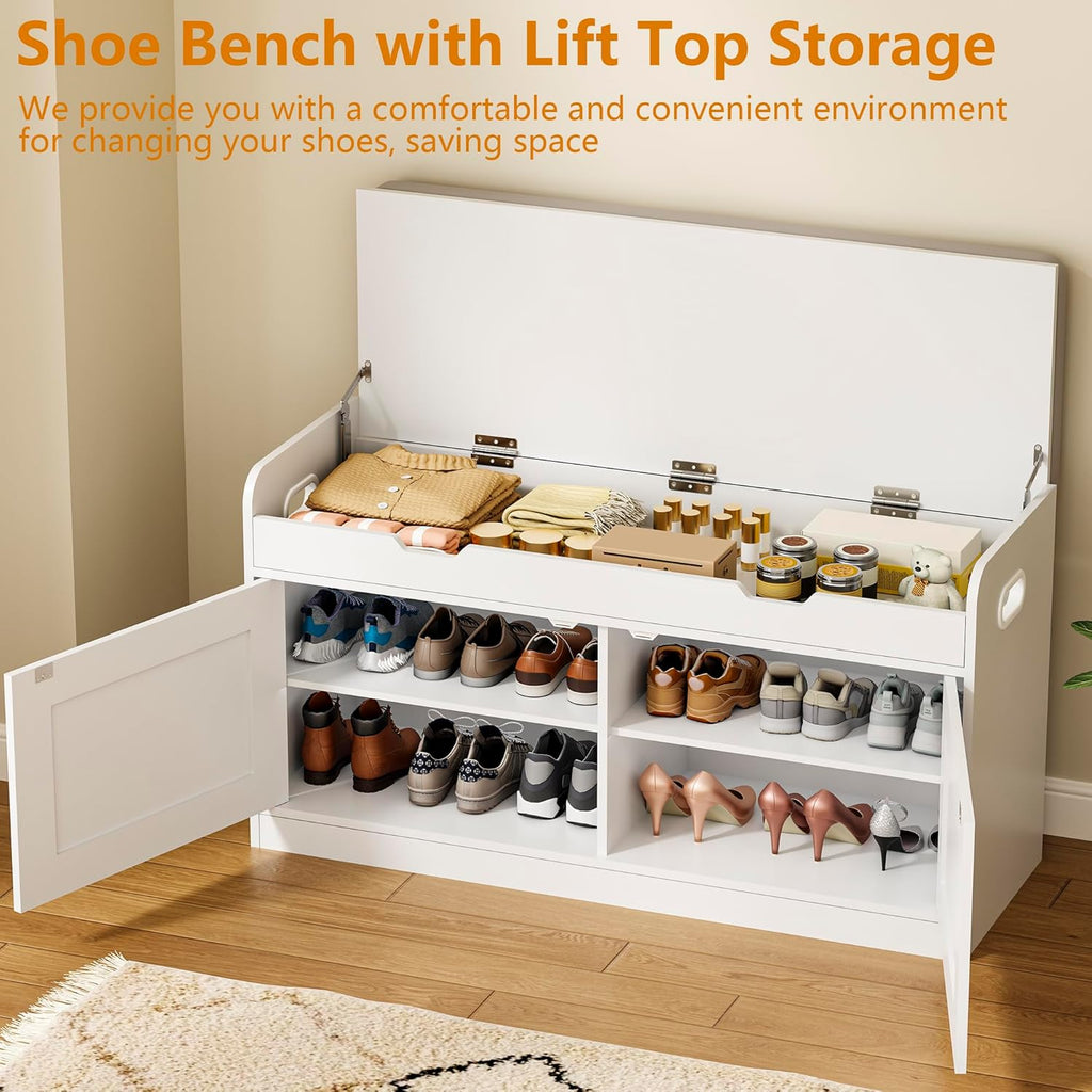 2-Tier Storage Bench, 39.4" Wide Shoe Bench with Lift-Up Top, Shoe Storage Bench with Cushion, Shoe Cabinet with Handleless Doors and Adjustable Shelf for Entryway, Bedroom, White KHD02W