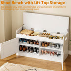 2-Tier Storage Bench, 39.4" Wide Shoe Bench with Lift-Up Top, Shoe Storage Bench with Cushion, Shoe Cabinet with Handleless Doors and Adjustable Shelf for Entryway, Bedroom, White KHD02W