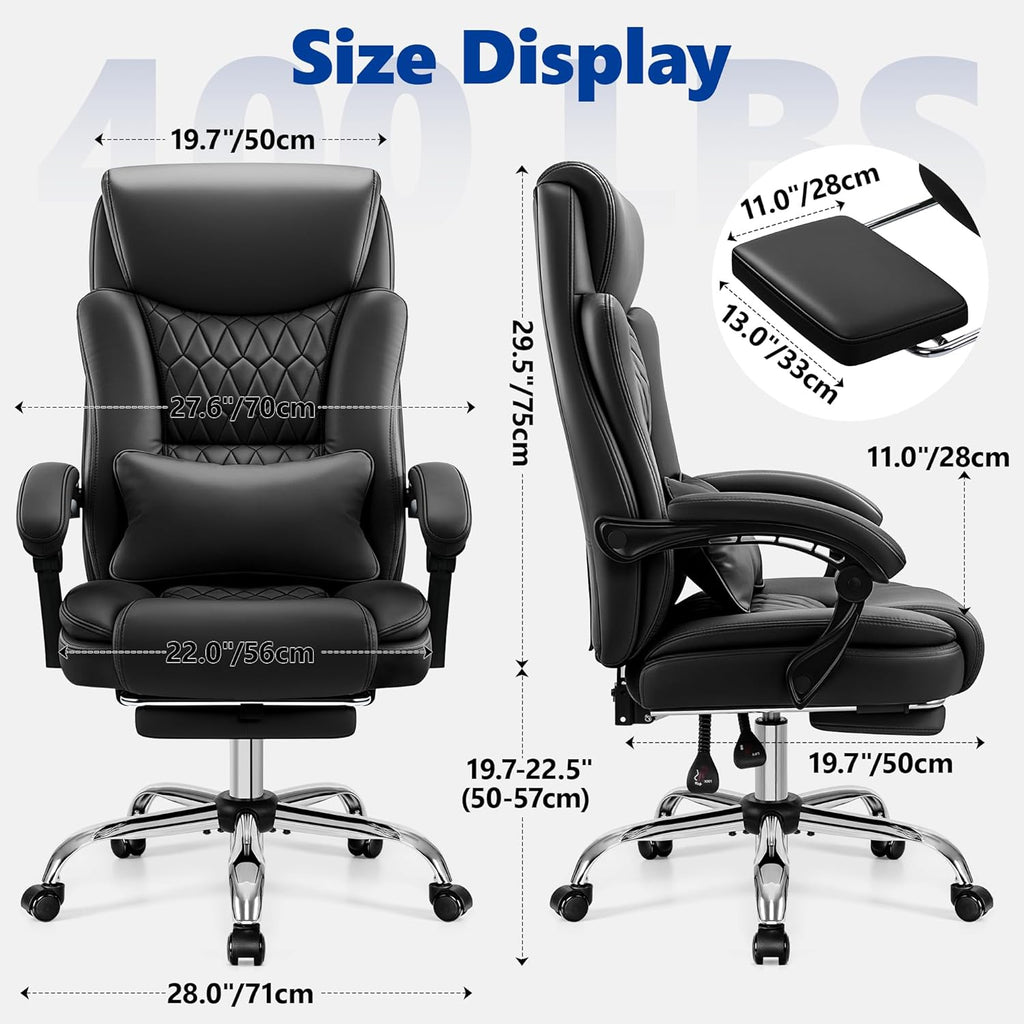 Big and Tall Office Chair 400lbs - Wide Memory Foam Seat with Lumbar Support, Reclining Executive Desk Chair with Footrest, Ergonomic Heavy Duty High Back Computer Chair, Black