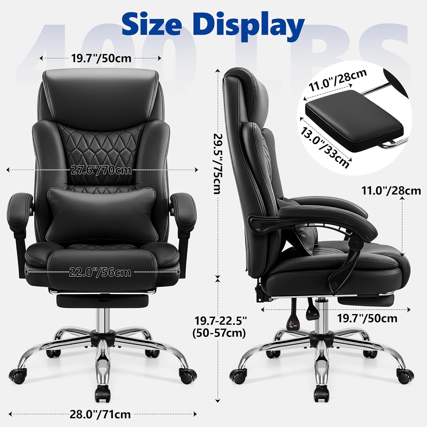 Big and Tall Office Chair 400lbs - Wide Memory Foam Seat with Lumbar Support, Reclining Executive Desk Chair with Footrest, Ergonomic Heavy Duty High Back Computer Chair, Black