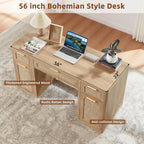 LEYAOYAO Office Desk 56" with 5 Drawers Storage File Cabinet Rattan Wood Desk for Computer Office Bedroom Home Furniture Natural