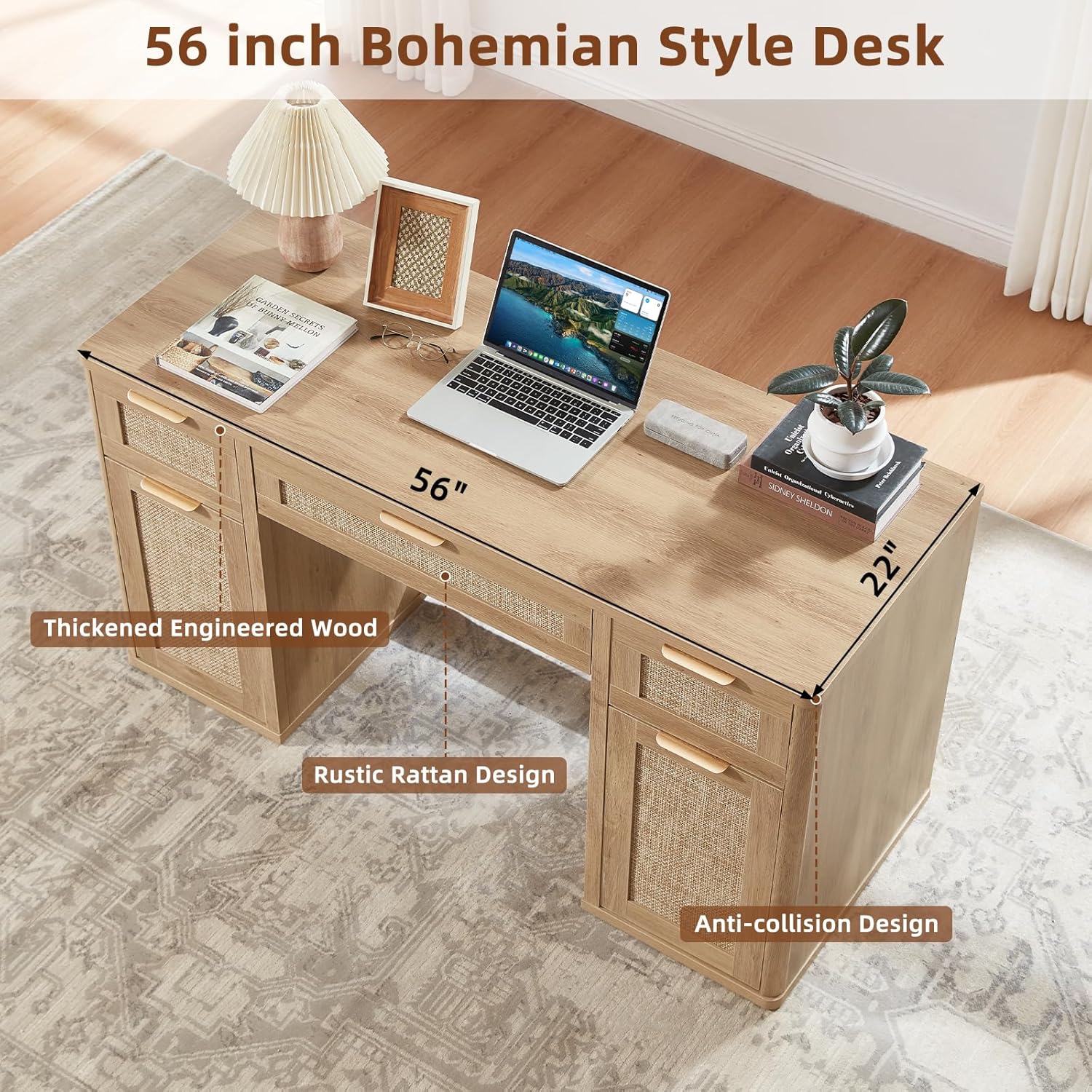 LEYAOYAO Office Desk 56" with 5 Drawers Storage File Cabinet Rattan Wood Desk for Computer Office Bedroom Home Furniture Natural