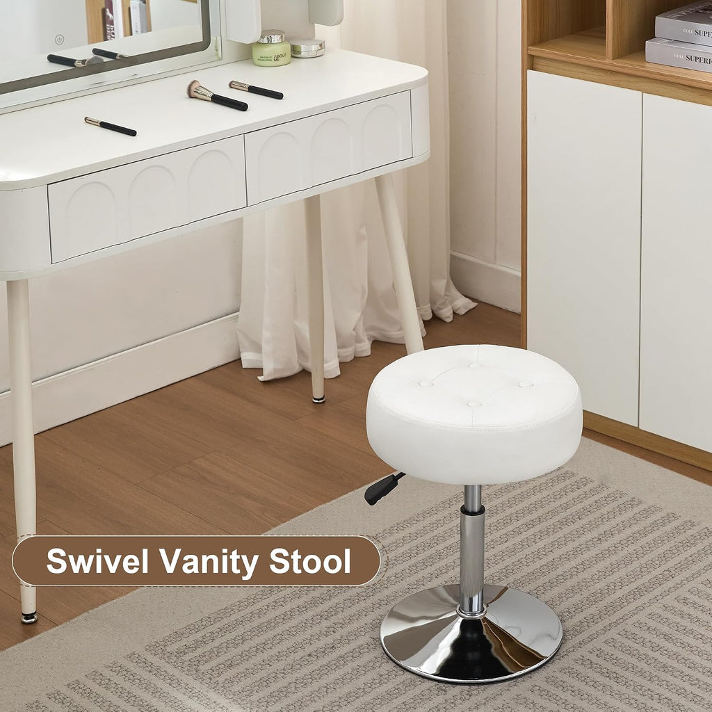 Ottoman Swivel Vanity Stool Chair for Makeup Room Stool for Vanity Chair Height Adjustable Faux Leather White