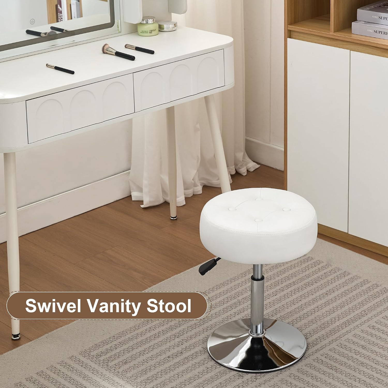 Ottoman Swivel Vanity Stool Chair for Makeup Room Stool for Vanity Chair Height Adjustable Faux Leather White