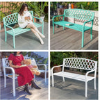 Outdoor Iron Metal Frame Bench with Knot-Pattern Mesh Back, Vintage Distressed 2 Person Seat with 105° Tilt & Curved Armrests, Weatherproof Garden Benches, for Lawn Backyard(White)