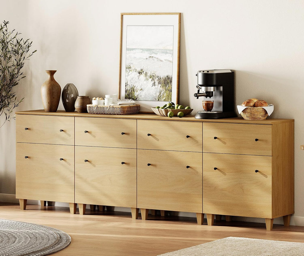 WAMPAT Large Sideboard Buffet Cabinets with Drawers and Doors for Dining Room, 94.4" Wide 4-in-1 Modern Oak Wood Credenza Console Tables with Adjustable Storage Shelves for Kitchen, Living Room