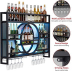 3-Tiers 47in Wine Rack Wall Mounted with Upgarded LED, Floating Bar Shelves with Wine Glass Holder Hanging Industrial Liquor Shelf, Wall-Mounted Wine Racks Cabinets for Home Bar, No Assembly Required