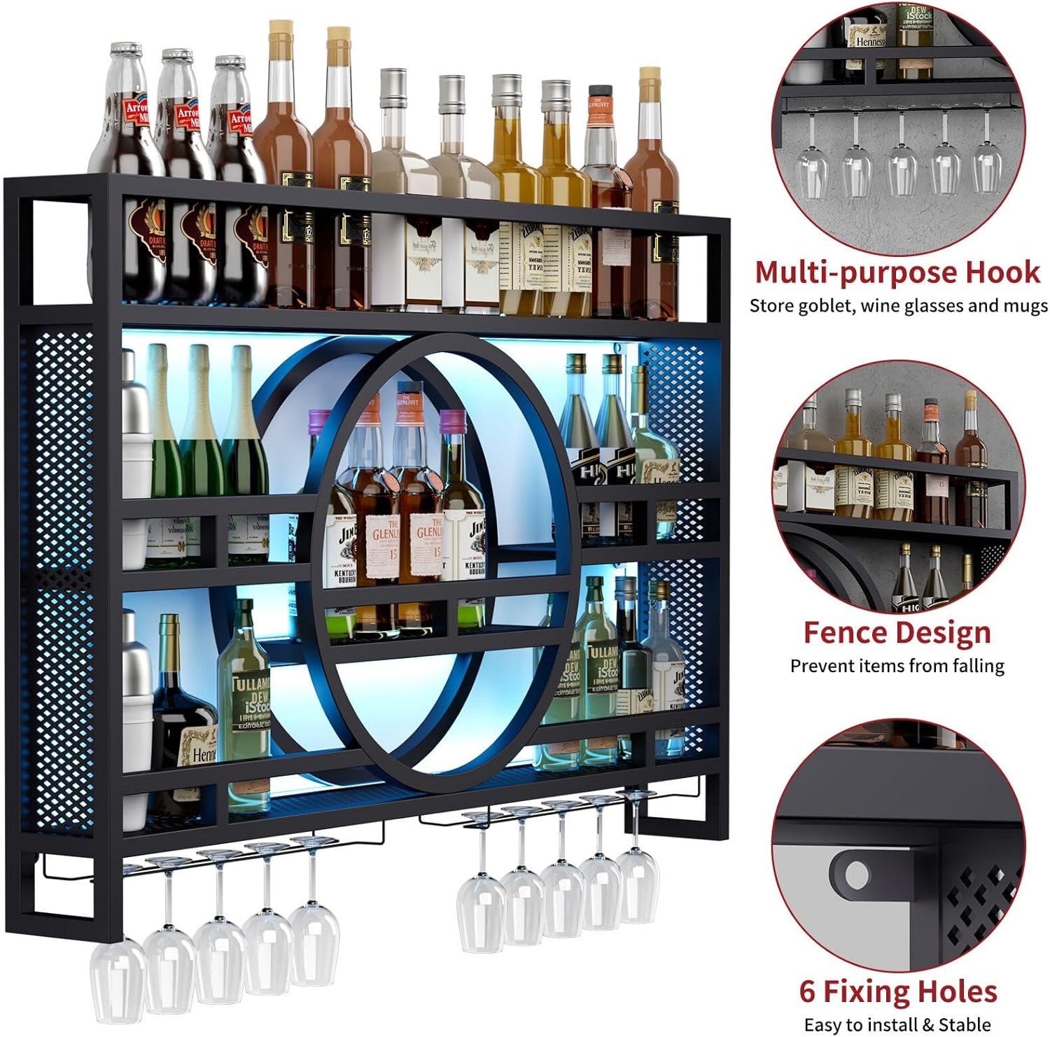 3-Tiers 47in Wine Rack Wall Mounted with Upgarded LED, Floating Bar Shelves with Wine Glass Holder Hanging Industrial Liquor Shelf, Wall-Mounted Wine Racks Cabinets for Home Bar, No Assembly Required