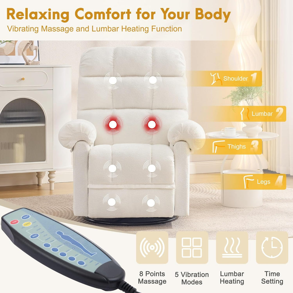 Korser 360° Swivel Rocker Recliner Chair, Rocking Chair Nursery with Massage and Heat, Small Recliners for Small Space, Manual Reclining Chair with Cozy Chenille Fabric, Side Pockets for Living Room