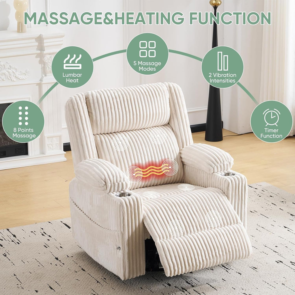 Power Recliner Chair with Massage and Heat, Oversized Swivel Rocker Recliner for Adults with Adjustable Headrest, Nursery Glider with Arm Storage and Cup Holder, Beige