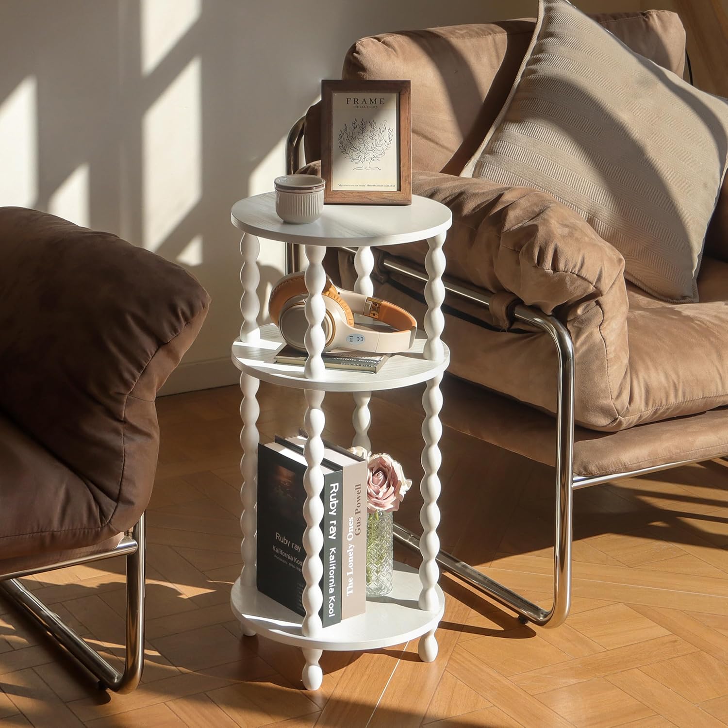 AWASEN Small Round Side Table, White End Table with 3-Tier Open Shelf for Small Spaces, Round Bedside Table Nightstand for Bedroom, Living Room, Office, White