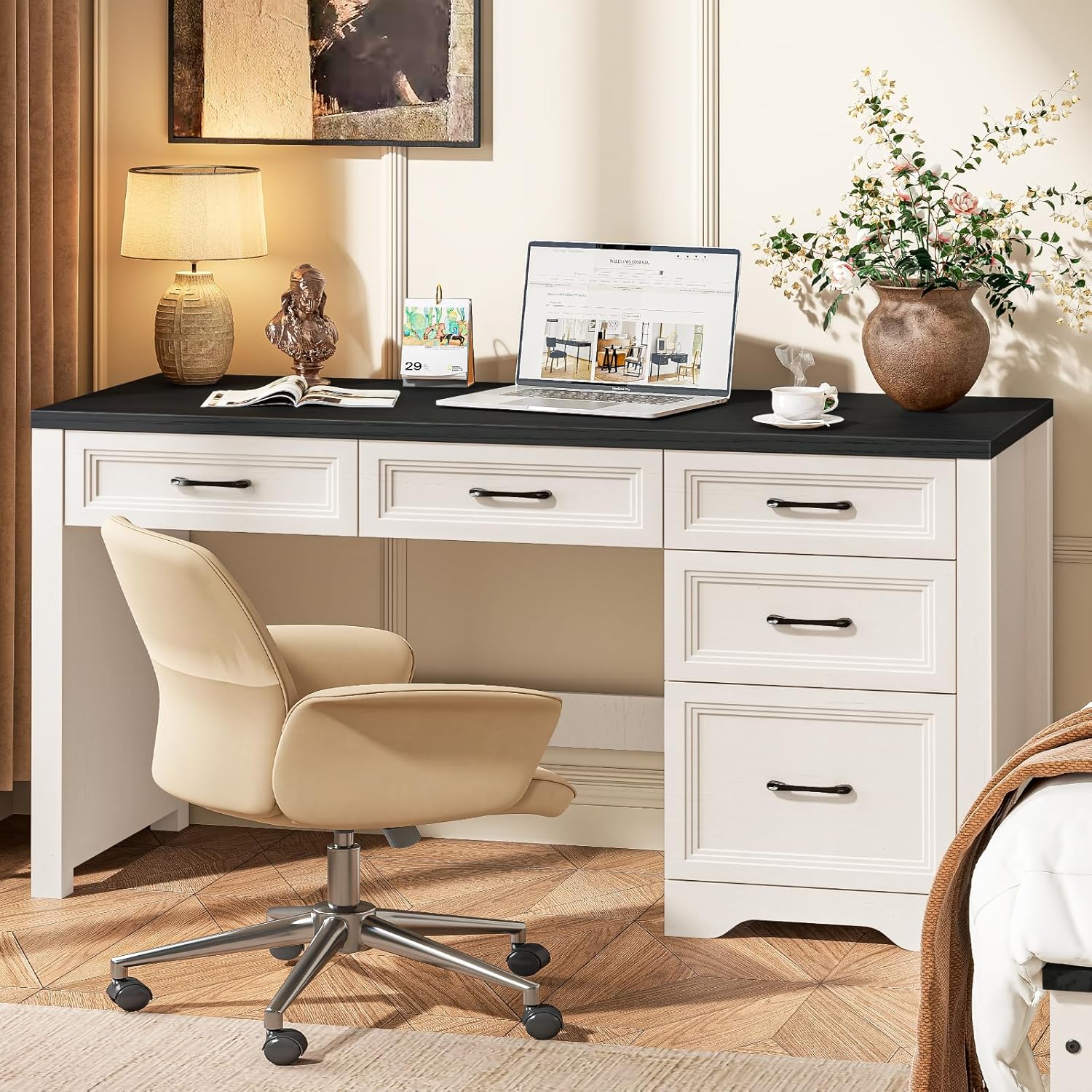 Vabches 55 Inch Farmhouse Desk with 5 Drawers, Large Home Office Computer Desk with Adjustable File Drawer, Executive Workstation with Storage for Study Writing Work, Black
