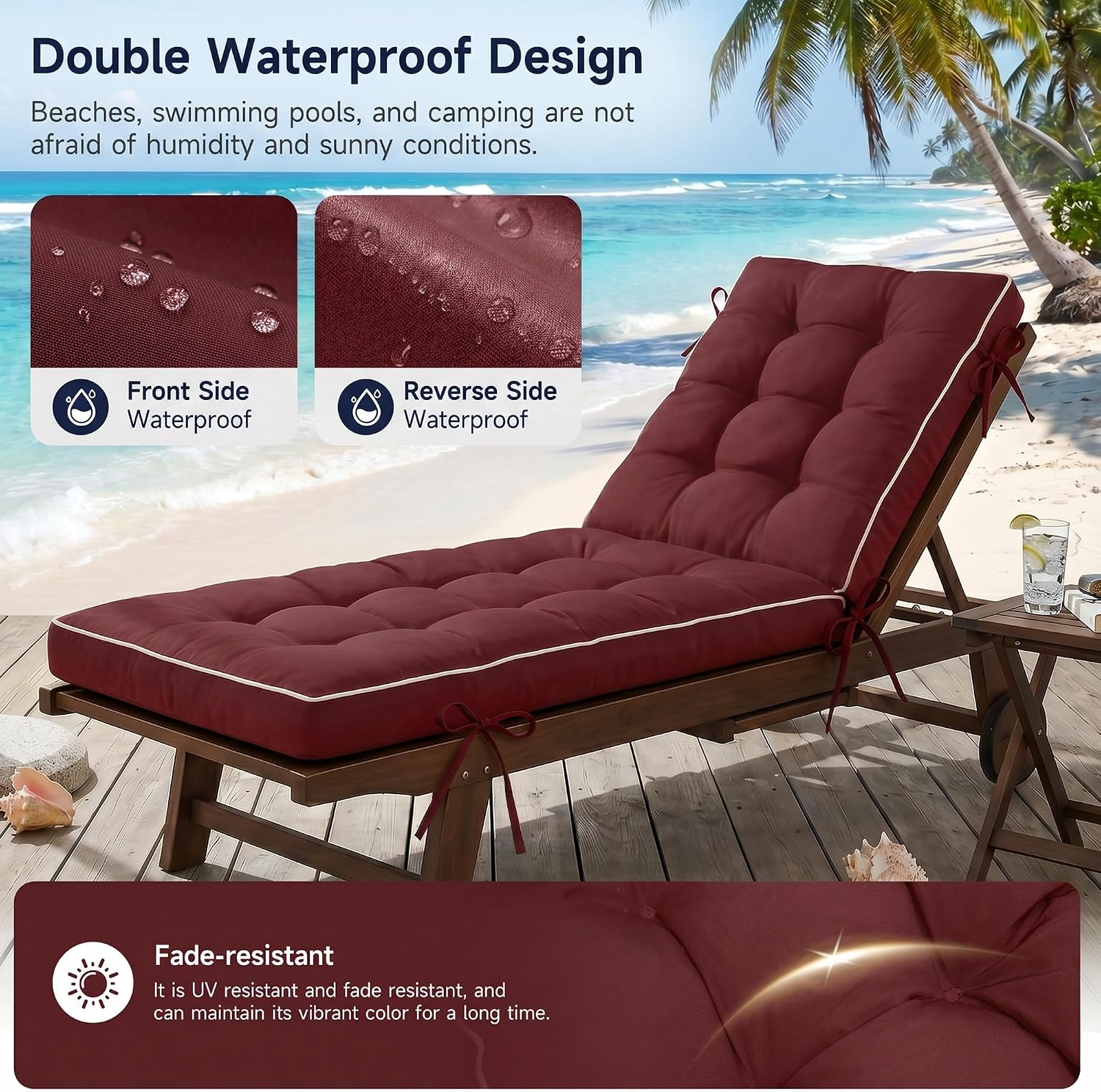 Chaise Lounge Cushion 72x21 Inch, 2 Pack Quick Dry Outdoor Sun Lounger Pad with Shredded Foam for Patio Furniture, Poolside