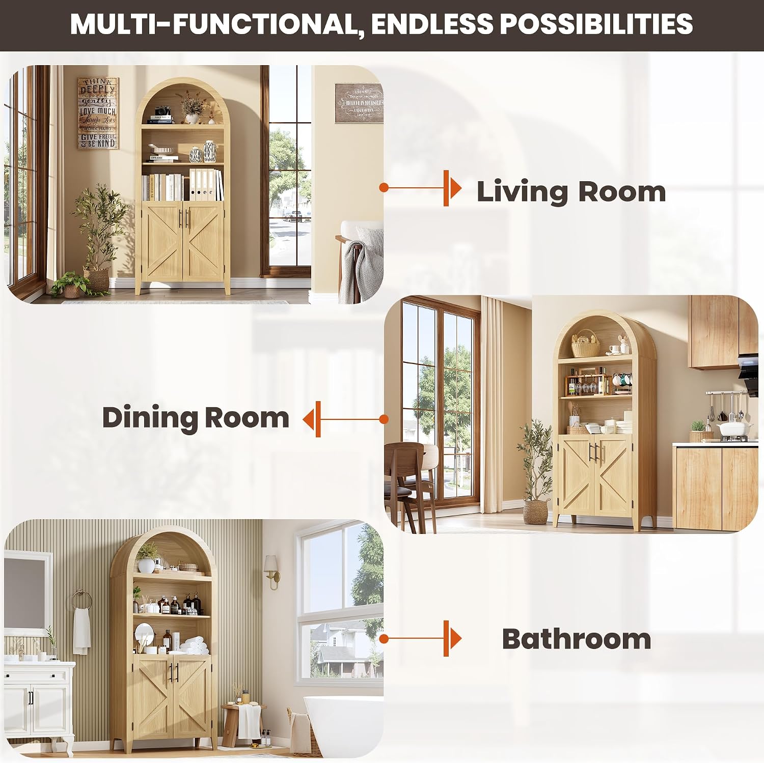 IDEALHOUSE Arched Kitchen Pantry Cabinet with Doors, 5-Tier Wooden Display Cabinet with Adjustable Shelf, Farmhouse Storage Organizer for Kitchen, Dining Room, Living Room, Home Office, Natural