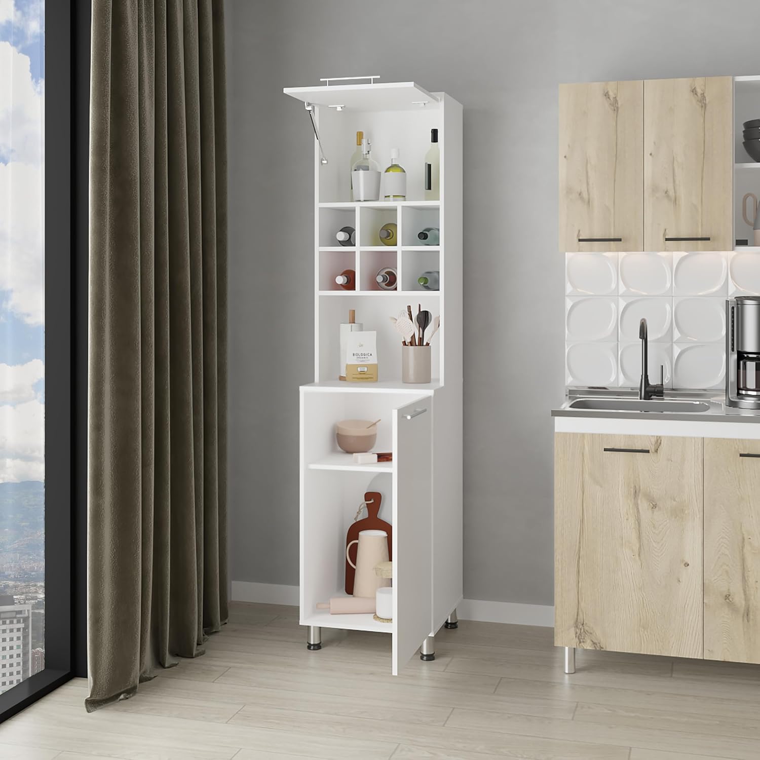 19.7" D*19.6" W*19.7" H Corner Freestanding Kitchen Pantry with 2 Shelves, 6 Small Compartments, 2 Single Doors, Rectangular Storage Cabinet, Modern, for Living Room, Dining Room, White
