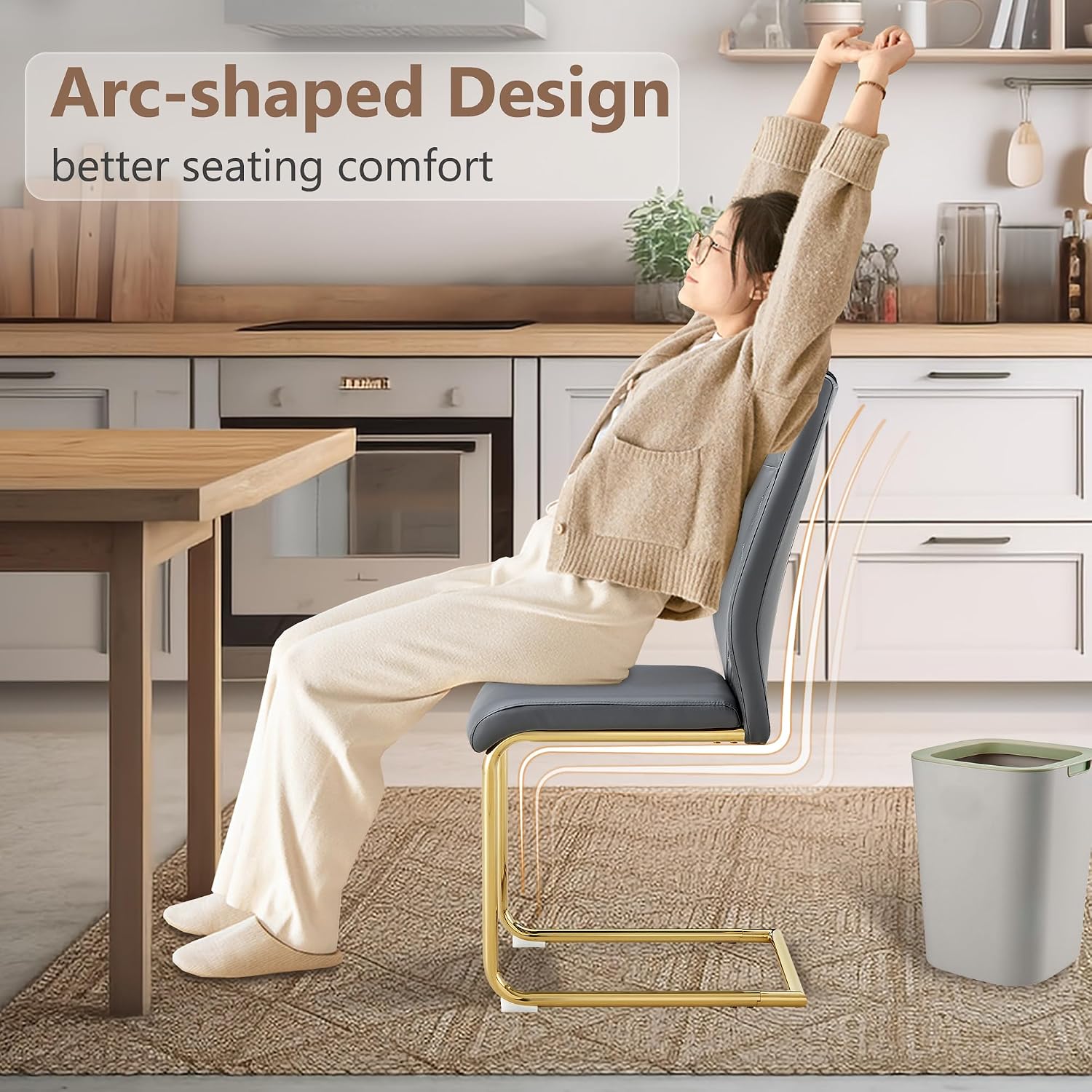 cinkehome Modern Gray Dining Chairs Set of 4 with Gold Metal Legs, High Back Upholstered Armless Side Chair for Kitchen, Dining Room, Faux Leather