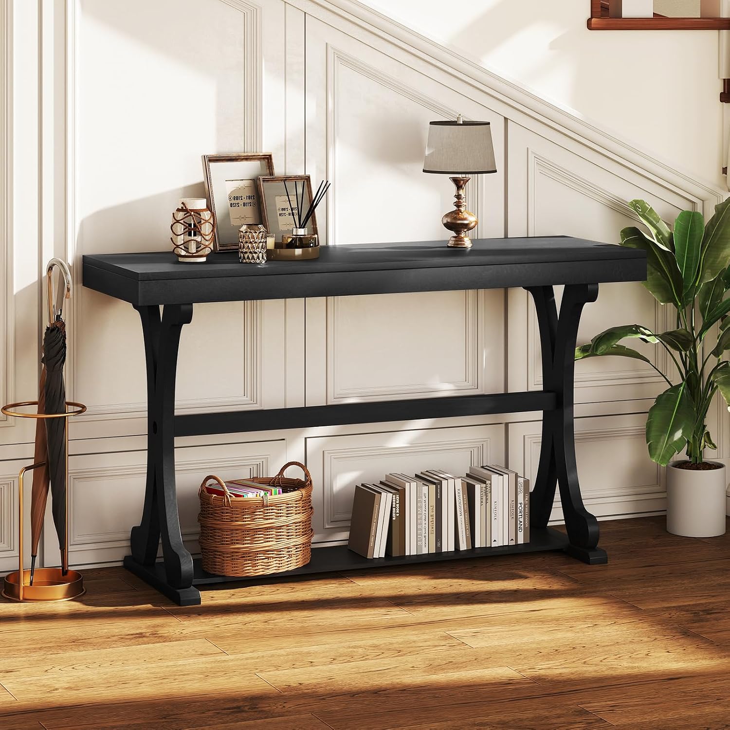 Giantex 52" Narrow Console Table, Vintage Accent Entryway Table with Open Storage Shelf, Long Wooden Behind Couch Sofa Table with Anti-tip Kit for Small Spaces Living Room Hallway (Black)