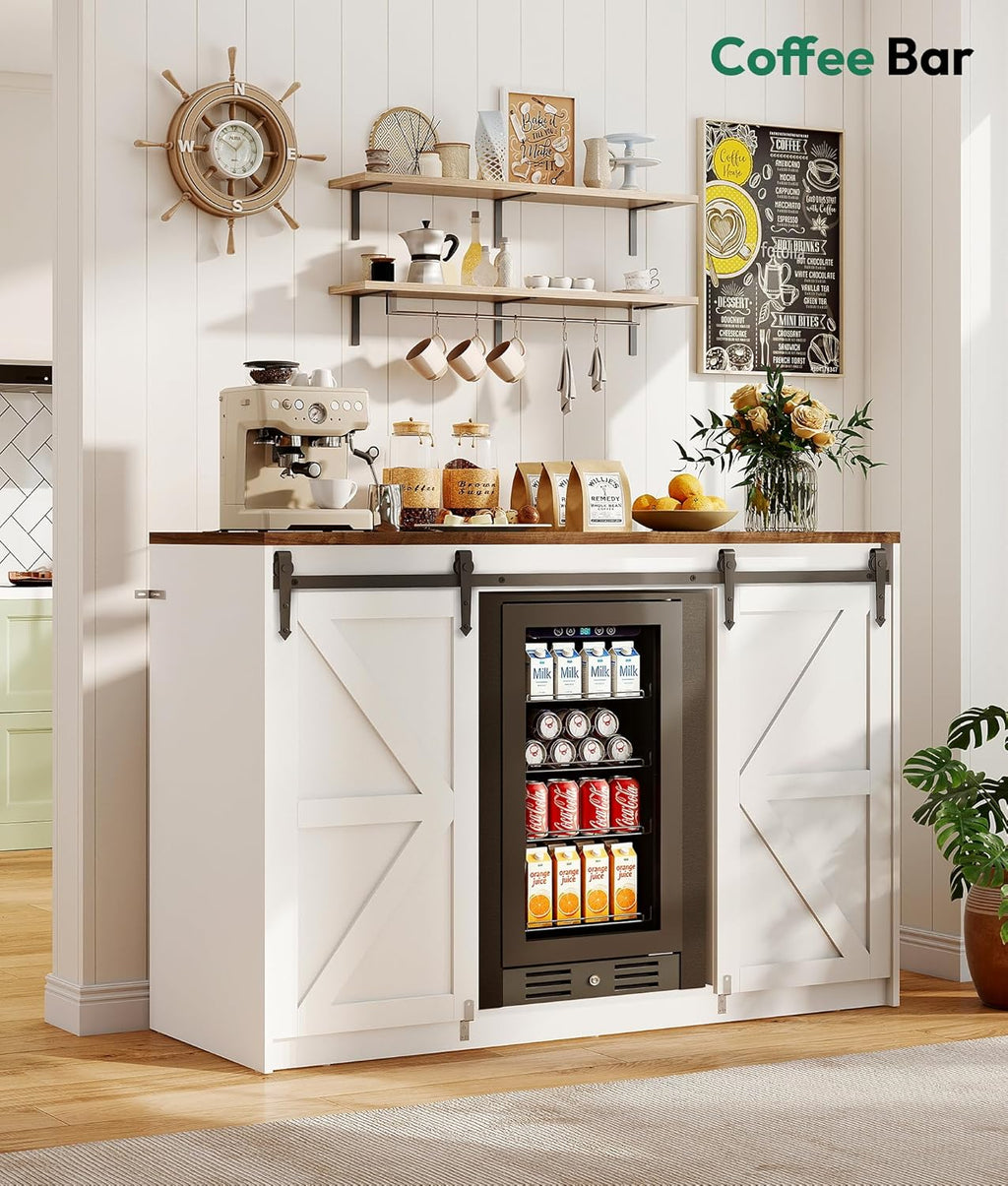 Lamtor Coffee Bar Cabinet with Storage - 53" Farmhouse Coffee Bar with Barn Doors, Mini Fridge Cabinet with Power Outlet for Kitchen Dining Room Living Room, White