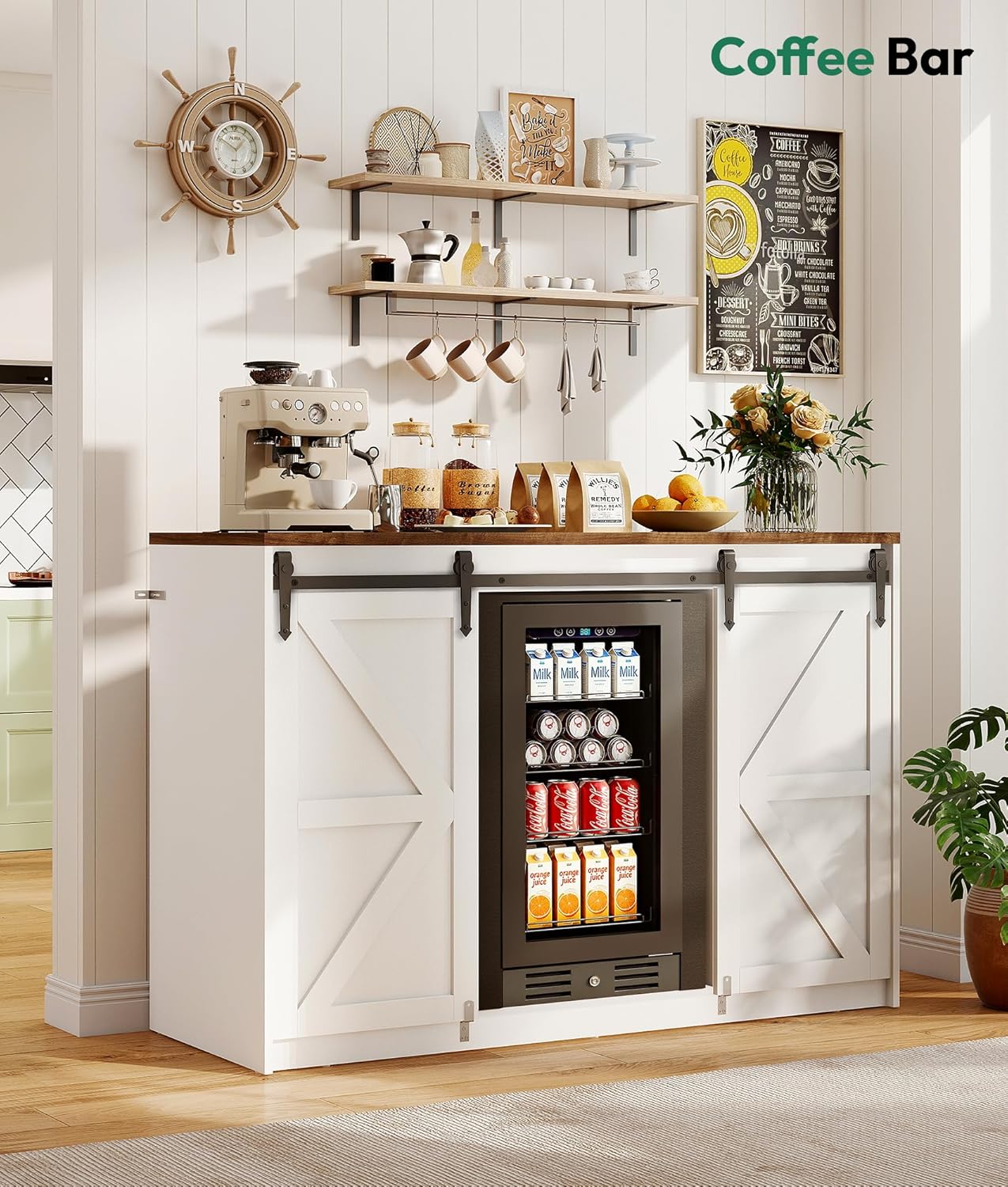 Lamtor Coffee Bar Cabinet with Storage - 53" Farmhouse Coffee Bar with Barn Doors, Mini Fridge Cabinet with Power Outlet for Kitchen Dining Room Living Room, White