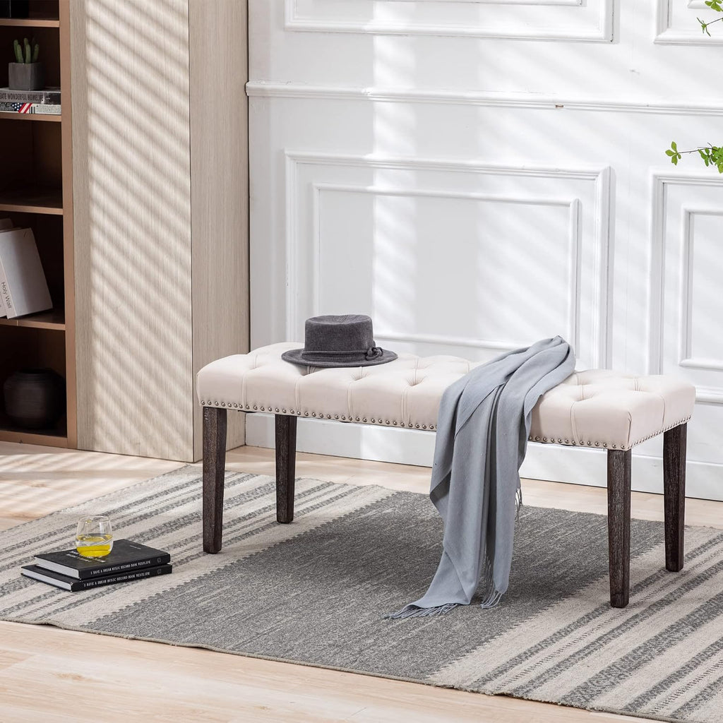 Heng Ming Upholstered Tufted Bench Ottoman, Velvet Dining Bench Bedroom Bench Footrest Stool Accent Bench for Entryway Dining Room Living Room, Beige