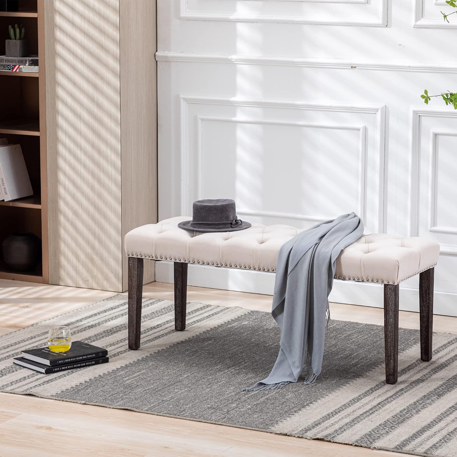 Heng Ming Upholstered Tufted Bench Ottoman, Velvet Dining Bench Bedroom Bench Footrest Stool Accent Bench for Entryway Dining Room Living Room, Beige
