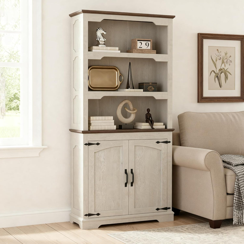 70 Inches Farmhouse Bookcase Bookshelf, Two-Tone Shelves, 5 Tier Bookshelf with Door Storage Arched Trim, Home Office Living Room Storage Cabinet (Distressed White & Walnut, Doors Storage)