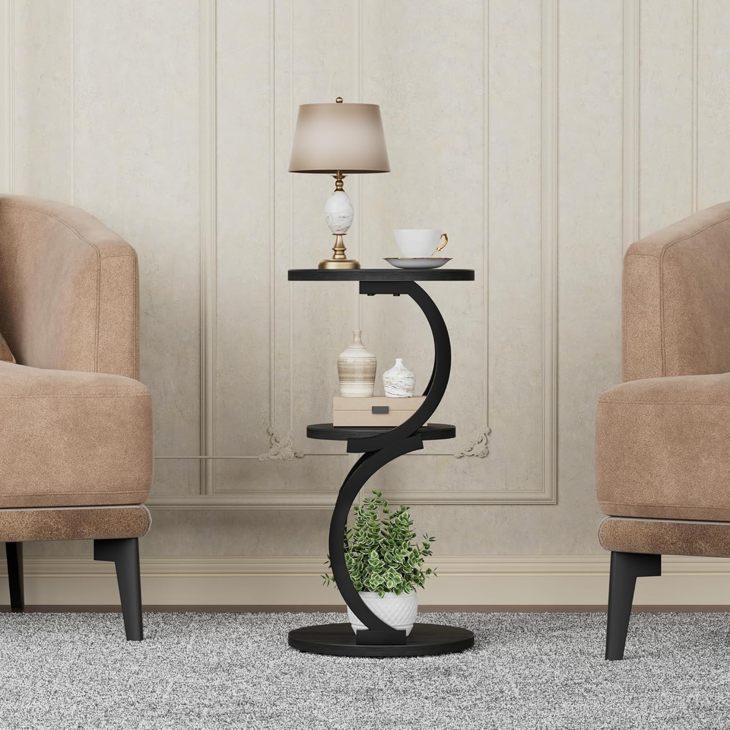 JUSTOGO Small Round Side Table, 3-Tier End Table for Living Room, Vintage Nightstand for Small Spaces Sofa Couch Corner Bedside Bedroom, S-Shaped Wood Accent Table Metal Coffee Table, Black