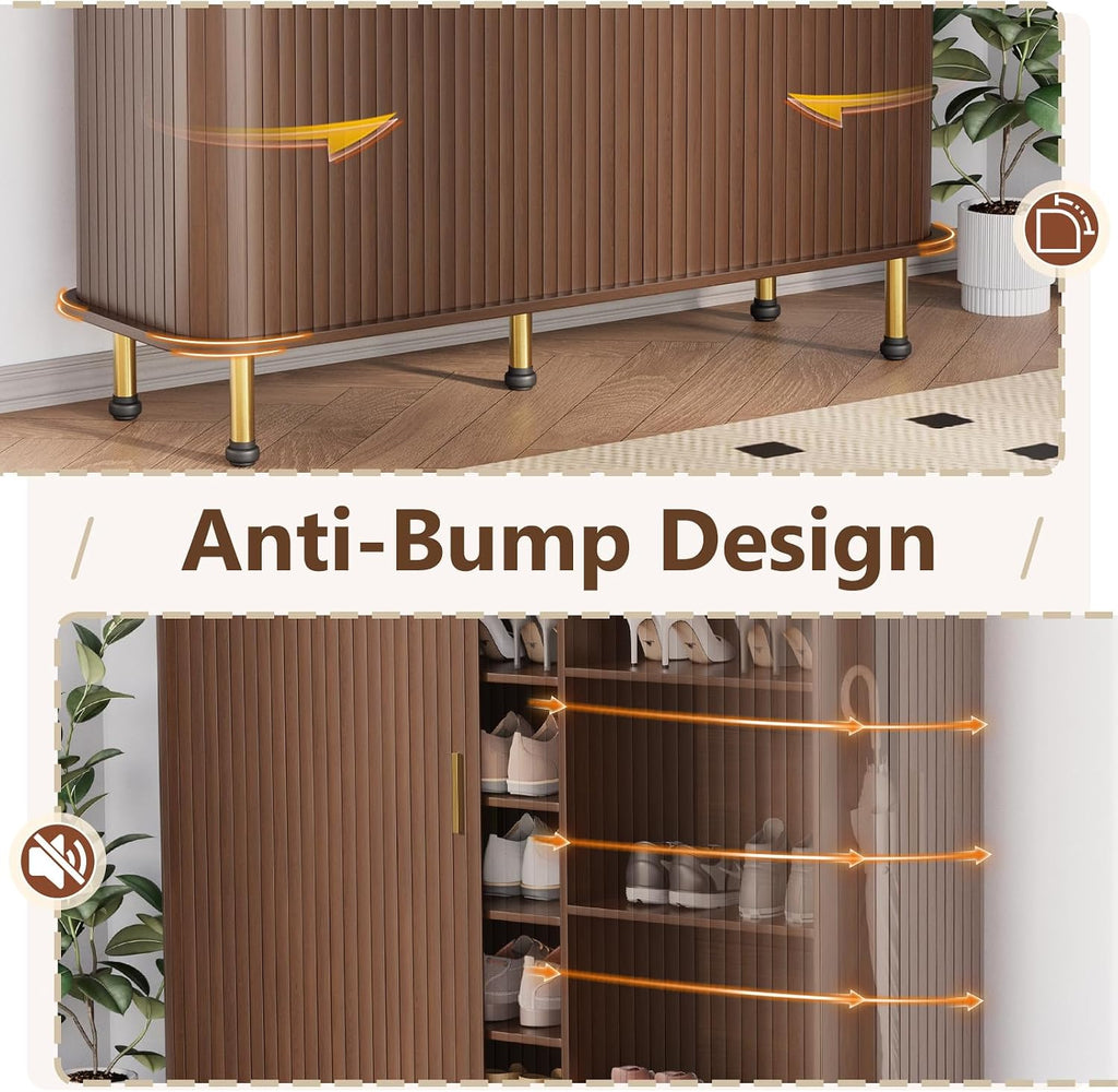 YOLENY 6-Tier 47'' Shoe Cabinet with Sliding Door, Wooden Shoe Storage Cabinet with Adjustable Shelves, Mid-Century Modern Freestanding Shoe Storage Organizer Walnut