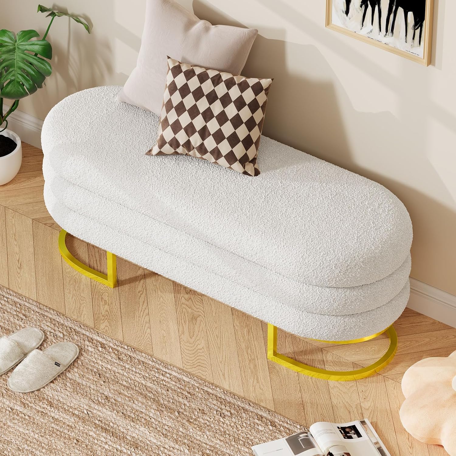 Halitaa 48.82" Storage Ottoman Bench, Large Oval Ottoman with Padded Blanket and Chest Aesthetic Upholstered Fabric Storage Bench Shoe Seat with Golden Metal Leg for Bedroom, Entryway, Living Room